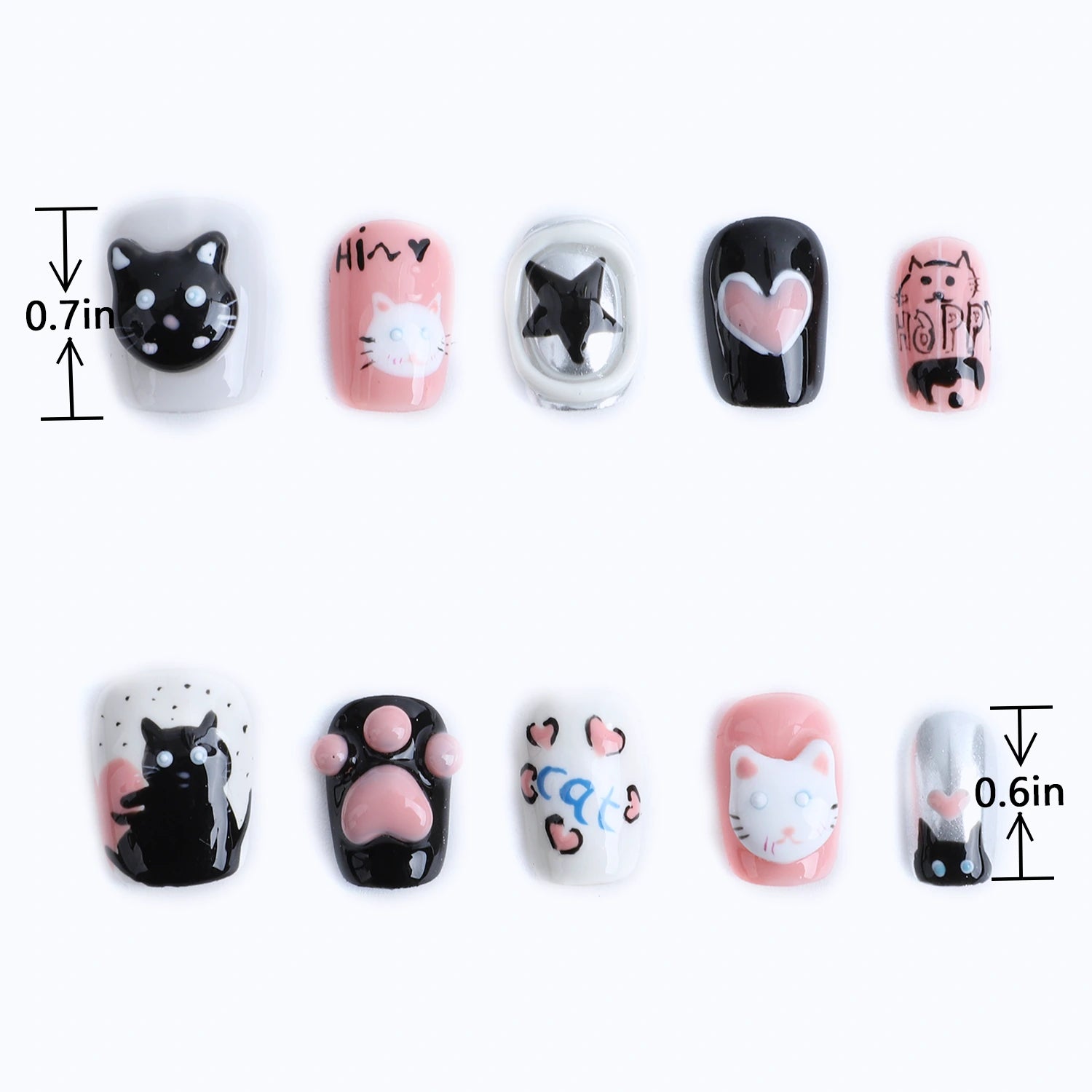 Length measurements for 3D kawaii cats paw and pink heart nail themed art designs