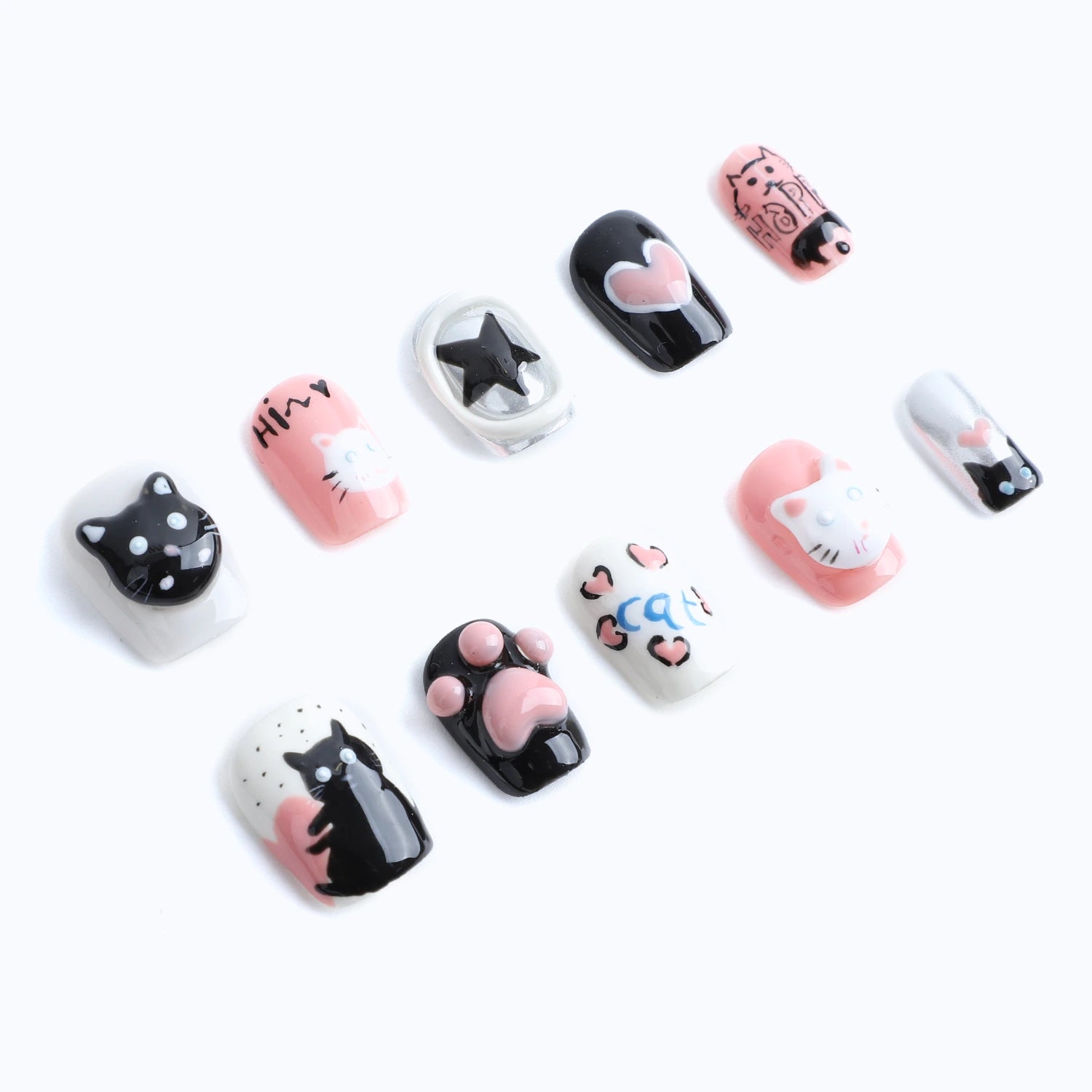Pink and black press-on nails with playful cat faces and paw prints and sweet heart designs