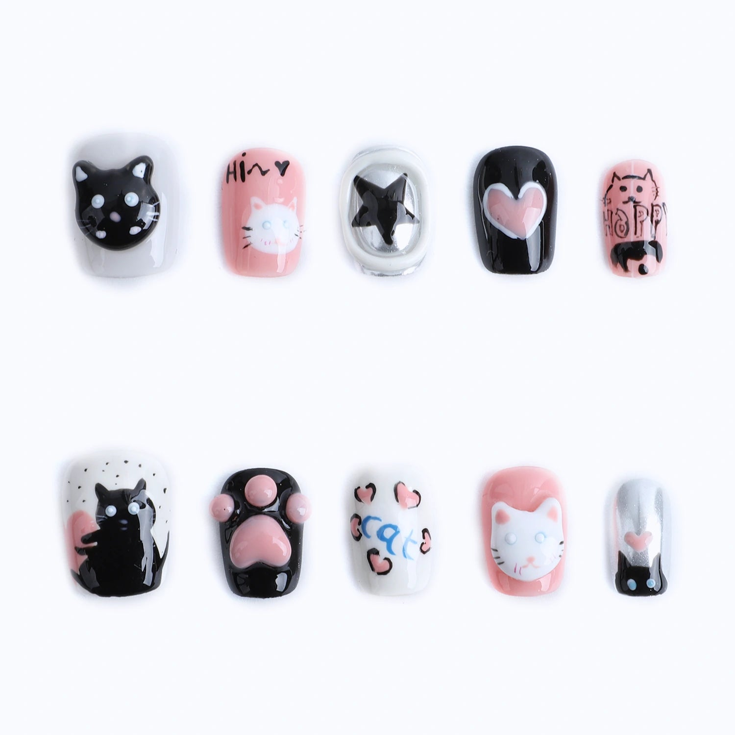 10pcs 3D kawaii cats paw and pink heart nail themed art designs display
