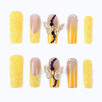 3D Nails Square Yellow French Tip with Butterfly Rhinestones