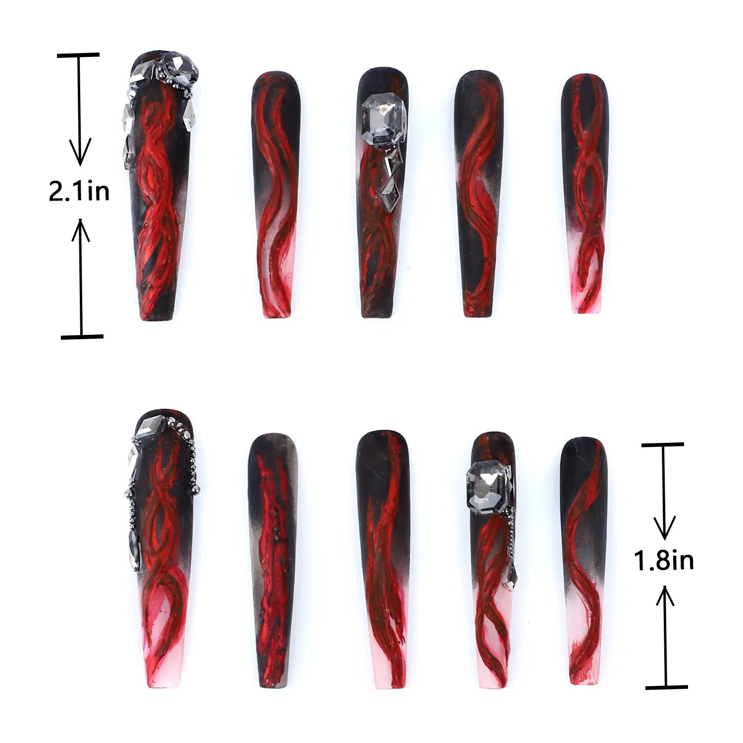 Length Measurement of Press on Nails Long Coffin Nails Black Red Matte Nails with Rhinestone