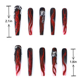 Length Measurement of Press on Nails Long Coffin Nails Black Red Matte Nails with Rhinestone
