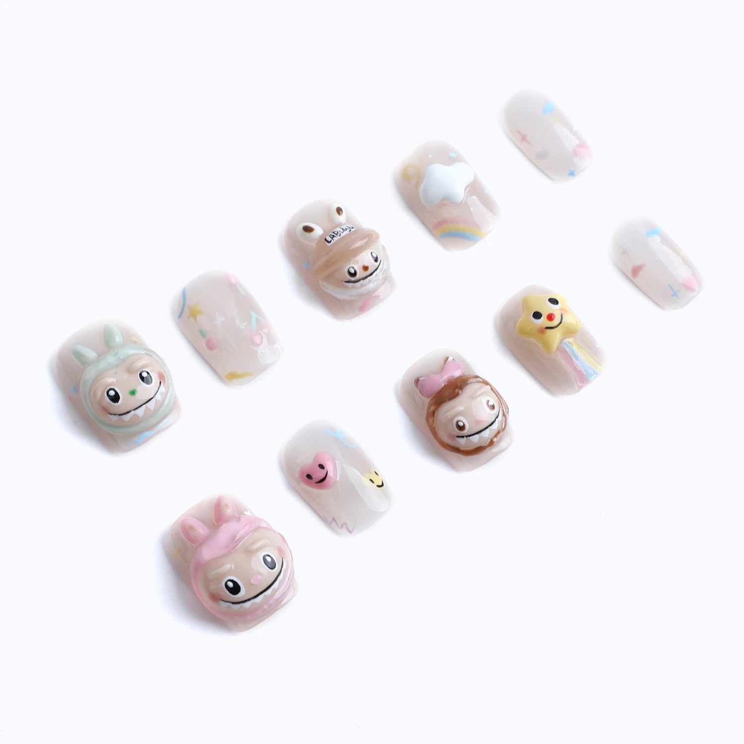Playful and cute kawaii 3D animal and star themed press-on nails