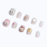 Press-on nails with cute characters of rabbit and frog