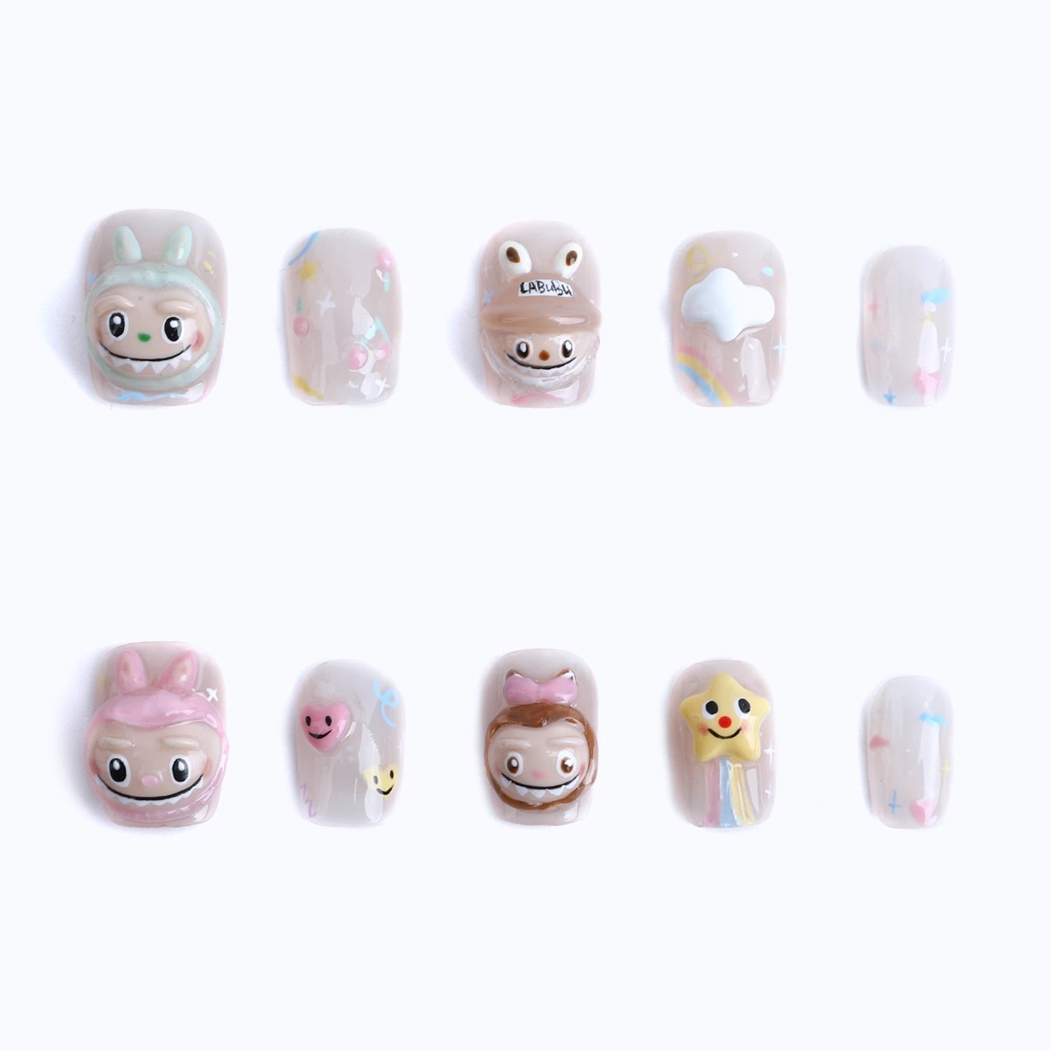 10PCS kawaii 3D animal & magical star-themed press-on nails display