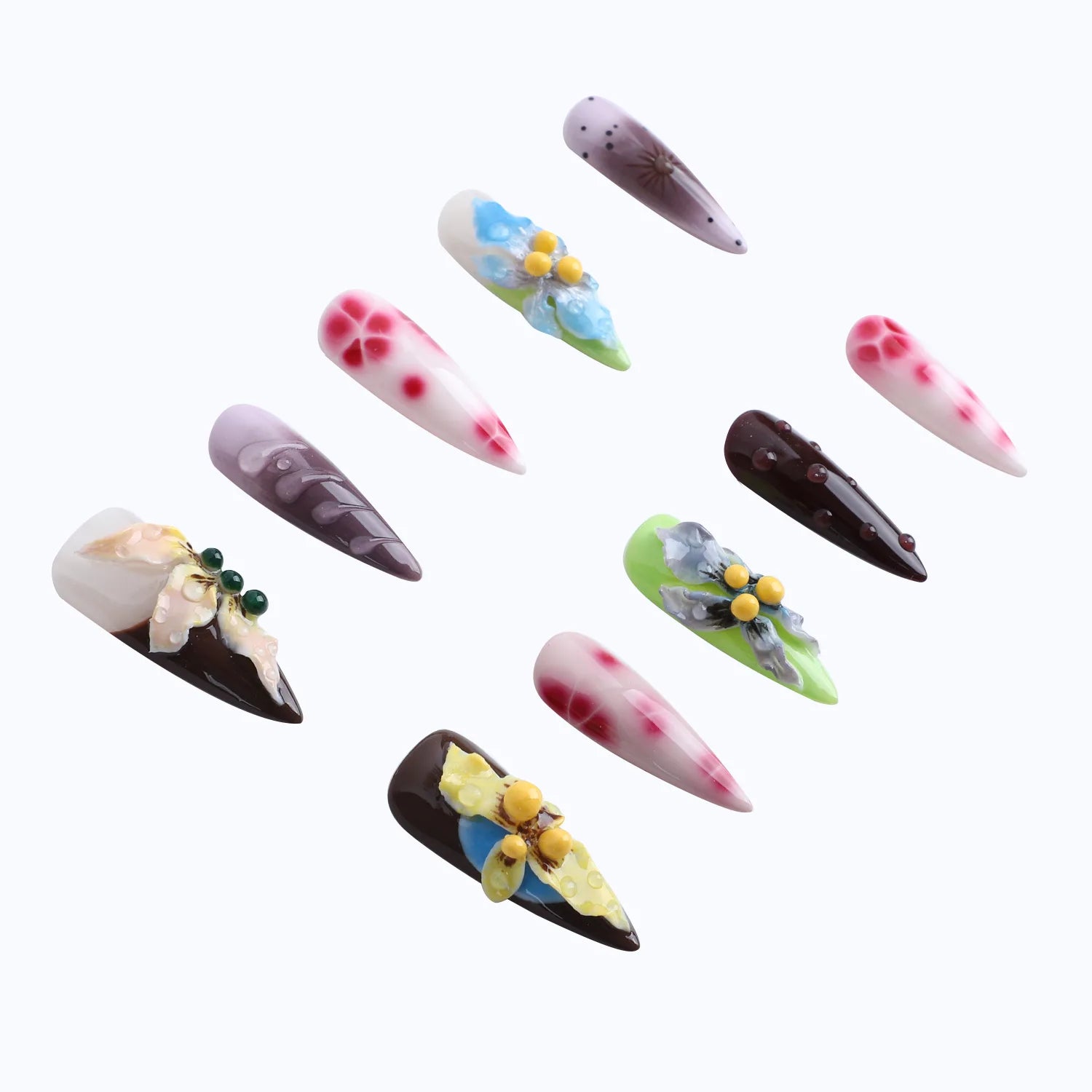 3D water droplets and flower nails in different colors
