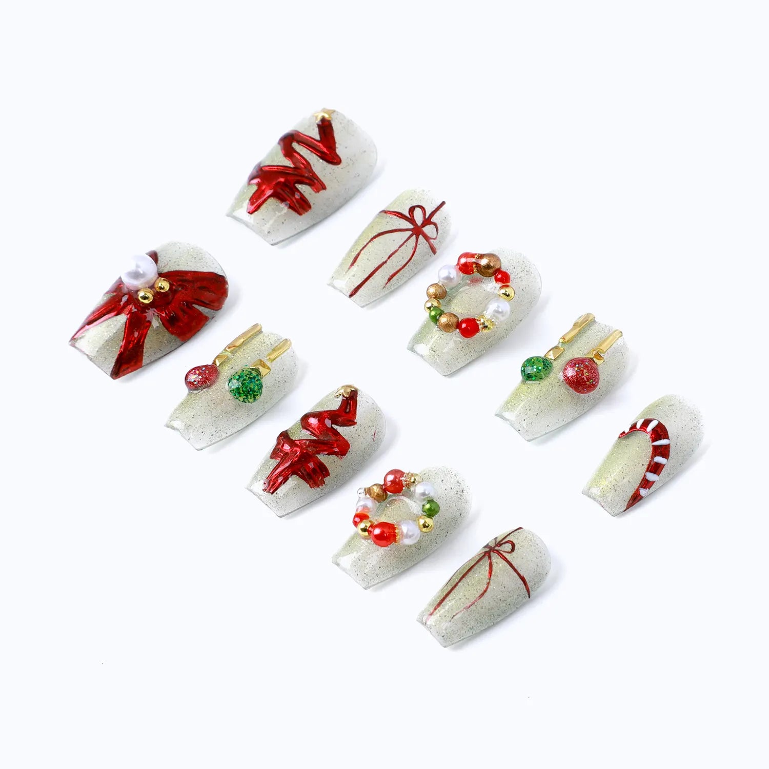 Press-on nails from the left side, showing the precise nail shape and the exquisite 3D nail design.