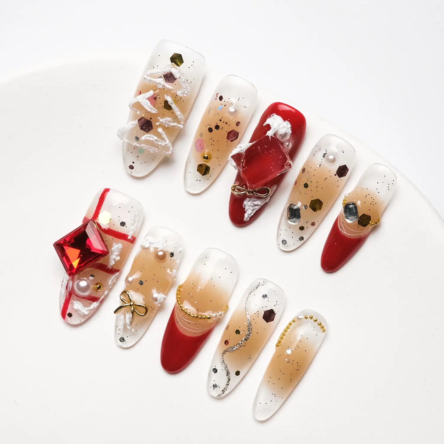 Christmas Long Almond Acrylic Nails with Gold Glitter Gloss