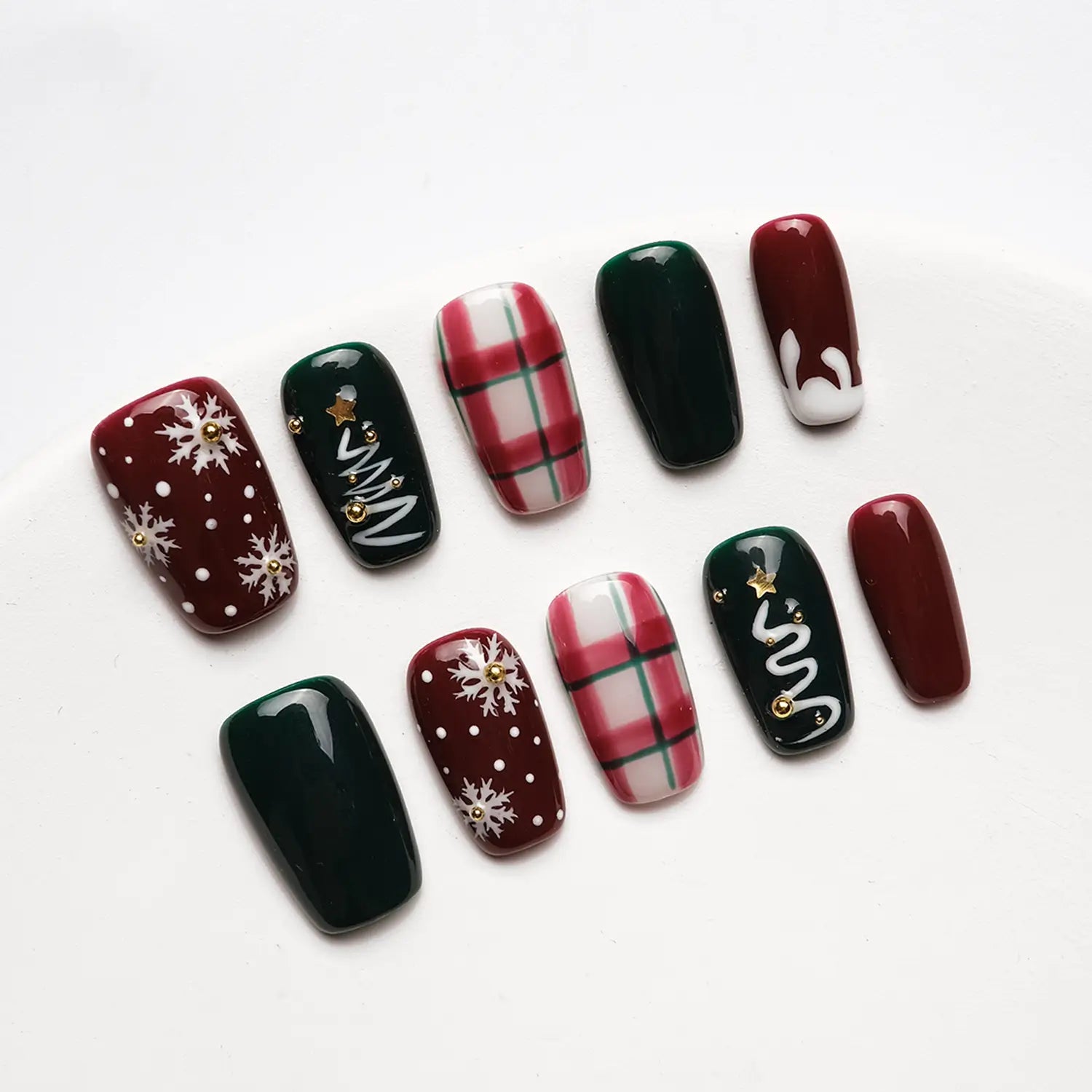 Christmas Press on Nails Short Squoval False Nails Red Green