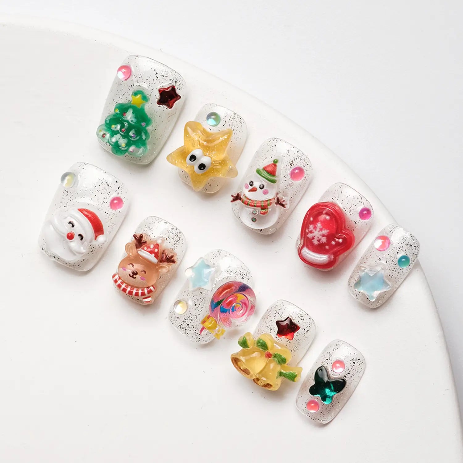 Christmas Short Squoval Press on Nails with Star and Snowman