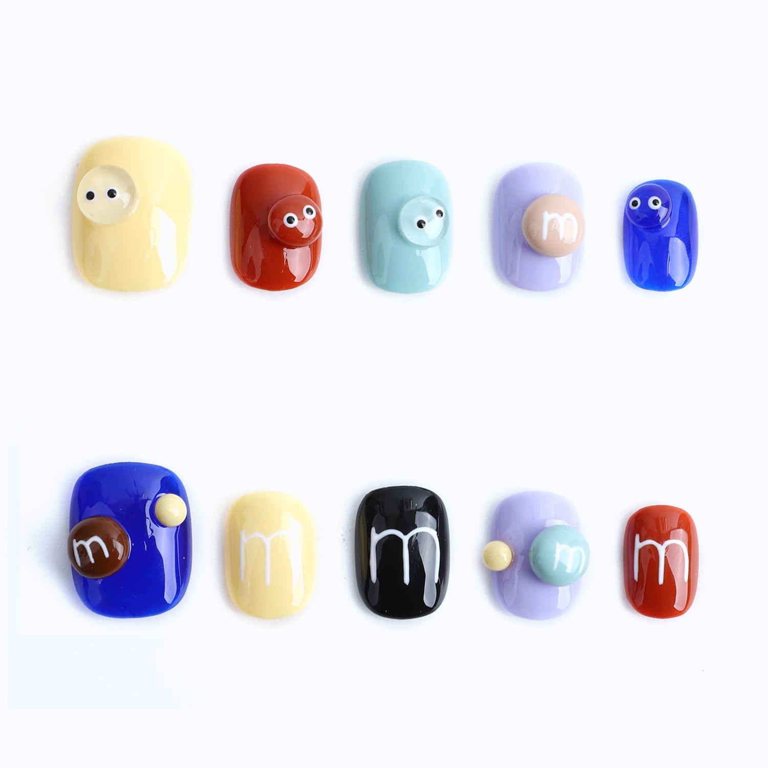 10pcs Colorful 3D eyes design & letter "m" on nails – cute & fun nail art display
