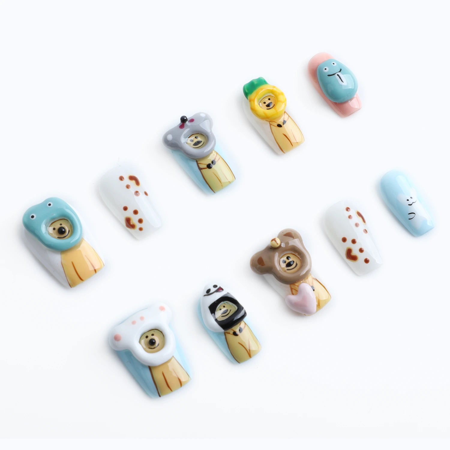 Press-on nails featuring cute bear characters wearing fun animal costumes