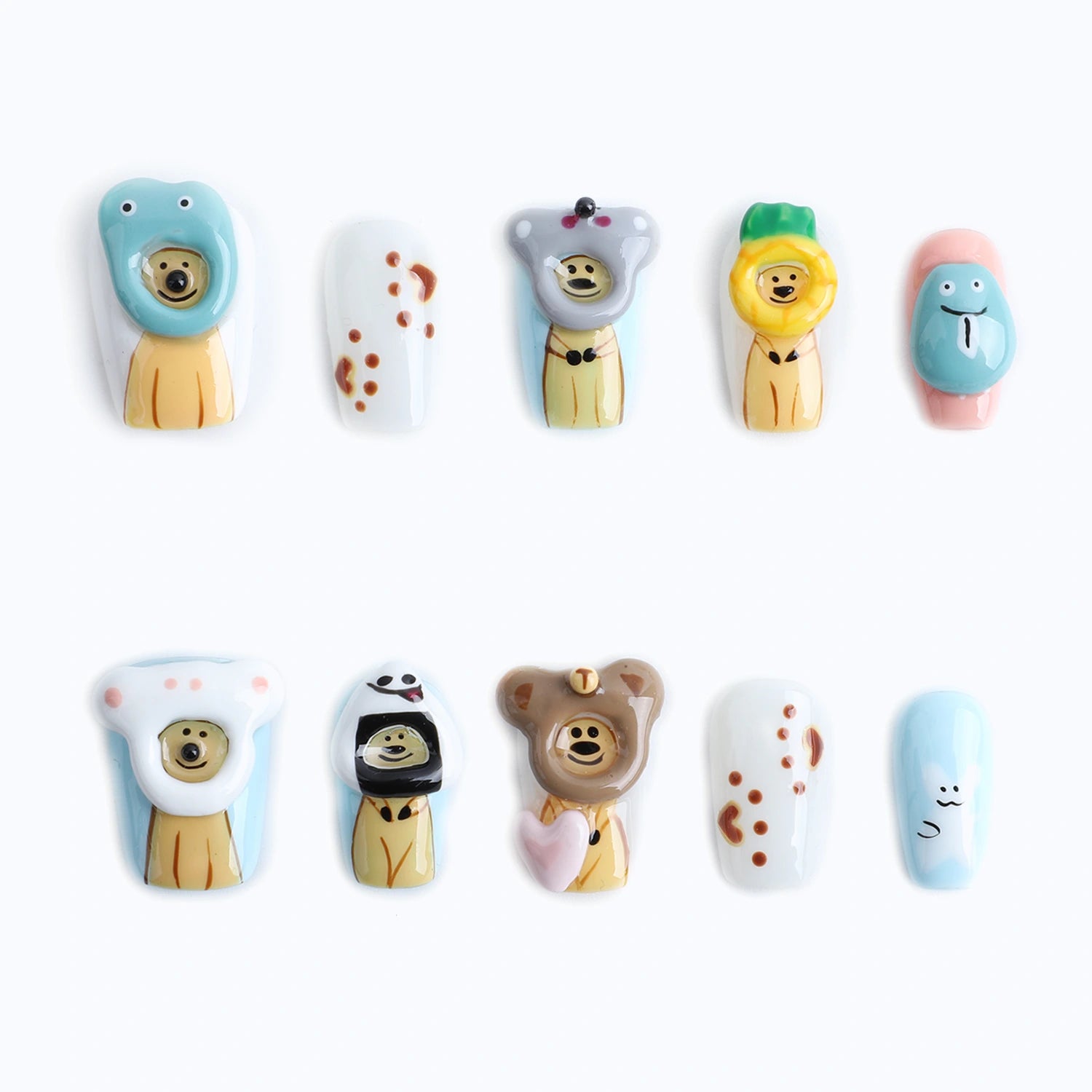 10pcs Cute bear and animal print themed designs for short squoval nail display