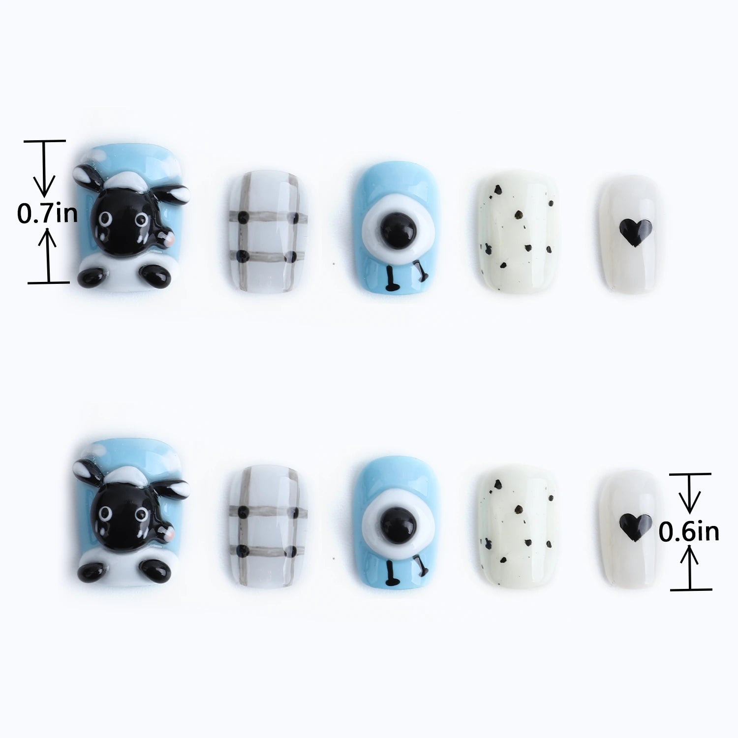 Length measurements for cute blue sheep & sweet black heart cartoon designs nail