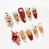 Close-up showing detailed, shiny manicure with delicate red diamonds and bright colors