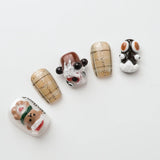 This is a Christmas nail. The nails are painted with a beige checkered pattern and each nail is decorated with a different Christmas themed decoration.