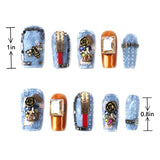 Length Measurement Chart for Medium Square Blue Orange Acrylic Nails with Rivets Chains