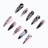 Edgy Black & Pink Ombre Pointed Stiletto Nails with Rose & Crystal Art Design