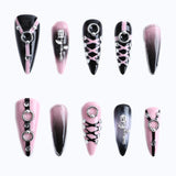 Edgy Black & Pink Ombre Pointed Stiletto Nails with Rose & Crystal Art Design
