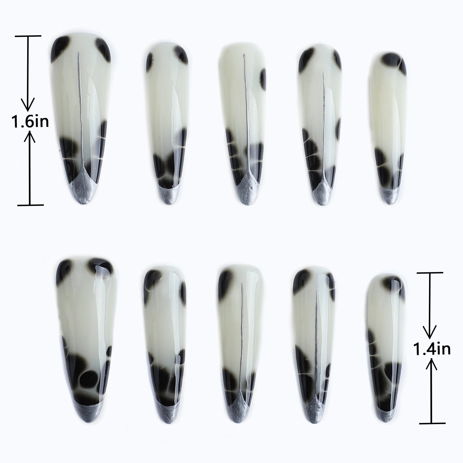Length measurements for elegant classy black and white cow print designs stiletto press on nails 