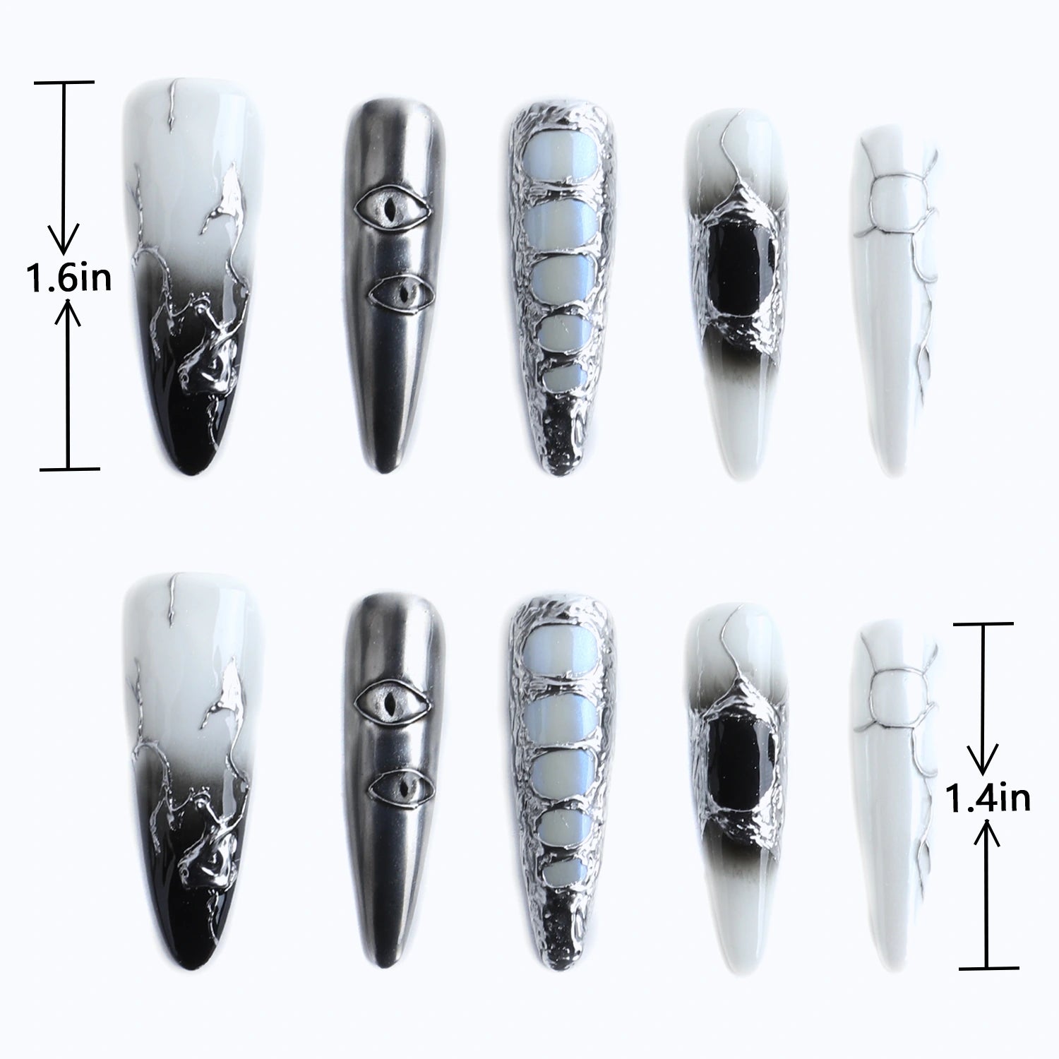 Length measurements for futuristic eye design nail set with cracked metallic and marble patterns for stiletto nails
