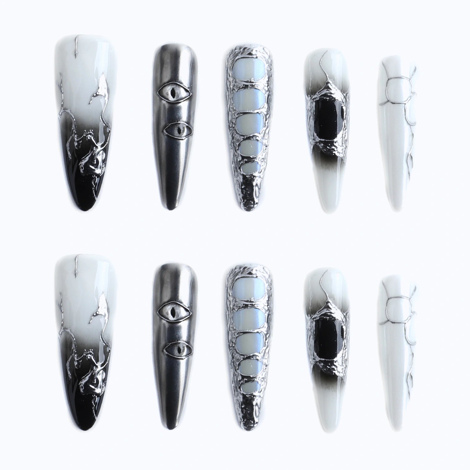 10PCS Futuristic eye design nail set with cracked metallic and marble patterns for stiletto nails display
