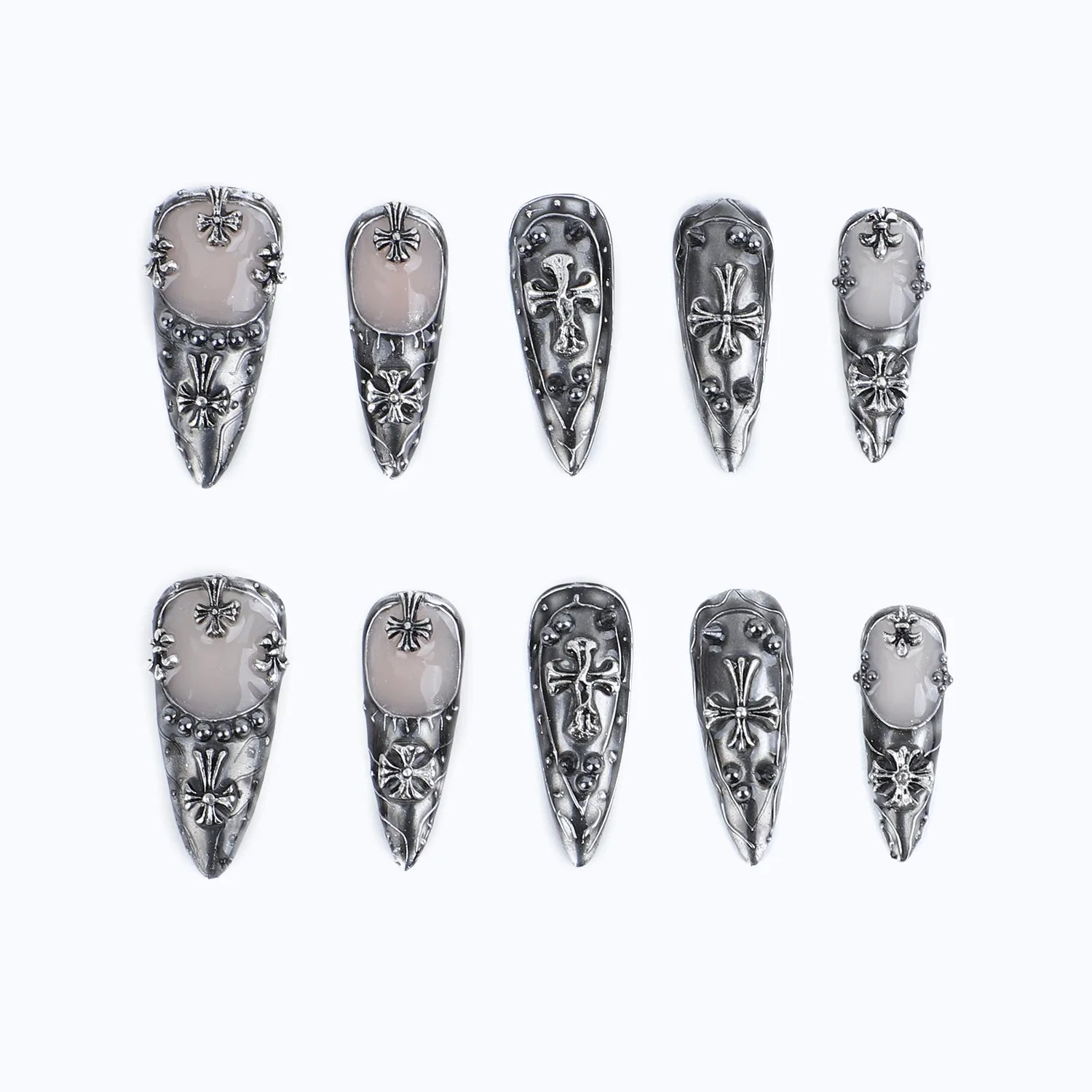 Gothic Chrome Stiletto 3D Cross and Floral Design Handmade Luxury Nail Set