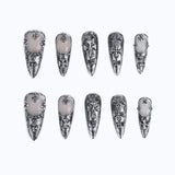 Gothic Chrome Stiletto 3D Cross and Floral Design Handmade Luxury Nail Set