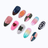 This set press on nails is colorful, with shiny sequins and heart-shaped/four-leaf clovers/oranges/spirals and other decorations on the nail surface. 