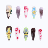 10PCS Spring & Summer Nail Colors Stiletto Handmade 3D Flower Press On Nails display