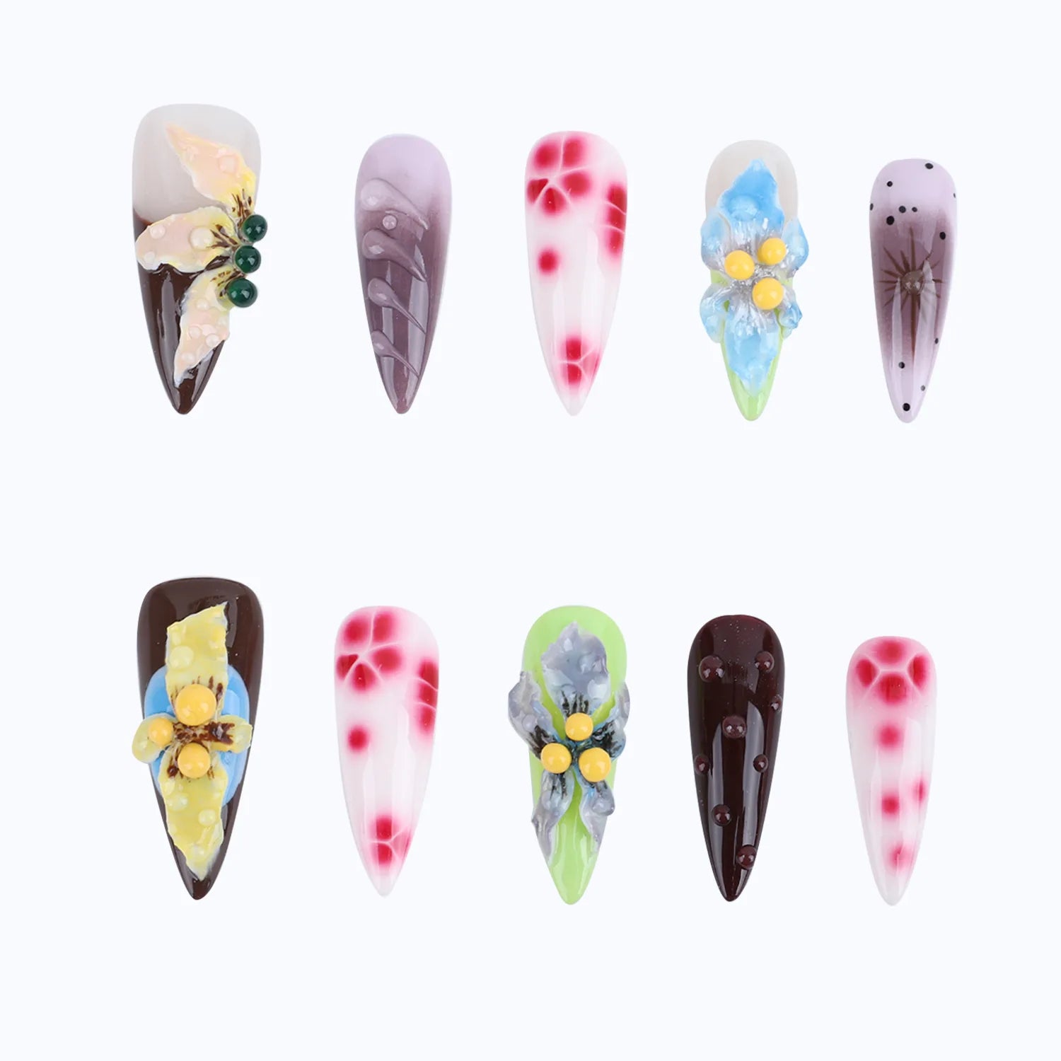 10PCS Spring & Summer Nail Colors Stiletto Handmade 3D Flower Press On Nails display