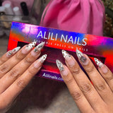 Press-on Nails Handmade Fake Acrylic Nails French Tips Leopard With Shiny Rhinestones