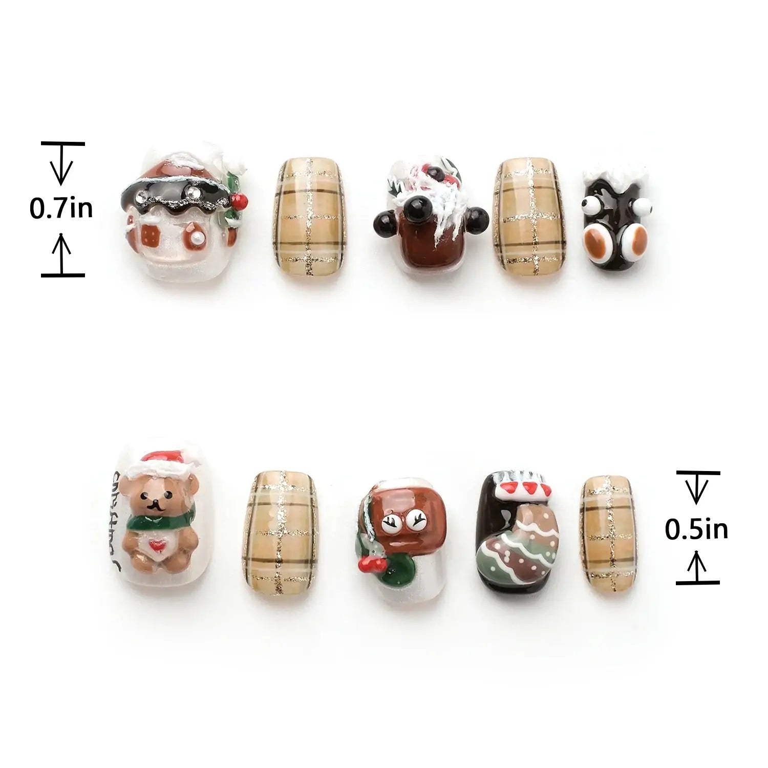 Acrylic Nails Short Squoval Christmas Style with Plaid and Bear length measurement chart showing length