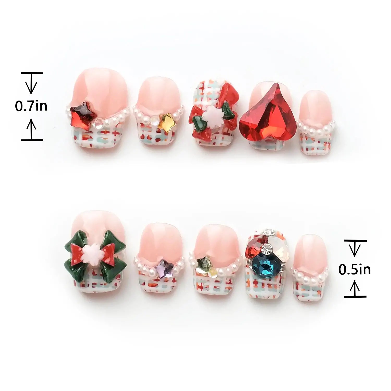 Length Measurement of Soft Nude Pink Christmas Nails with Heart Rhinestones and Pearls