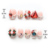 Length Measurement of Soft Nude Pink Christmas Nails with Heart Rhinestones and Pearls