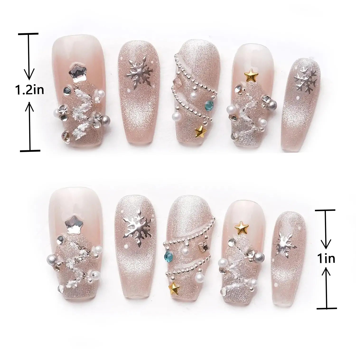 Length measurement chart of Medium Coffin Nails with Sparkling Winter Snowflake, showing length
