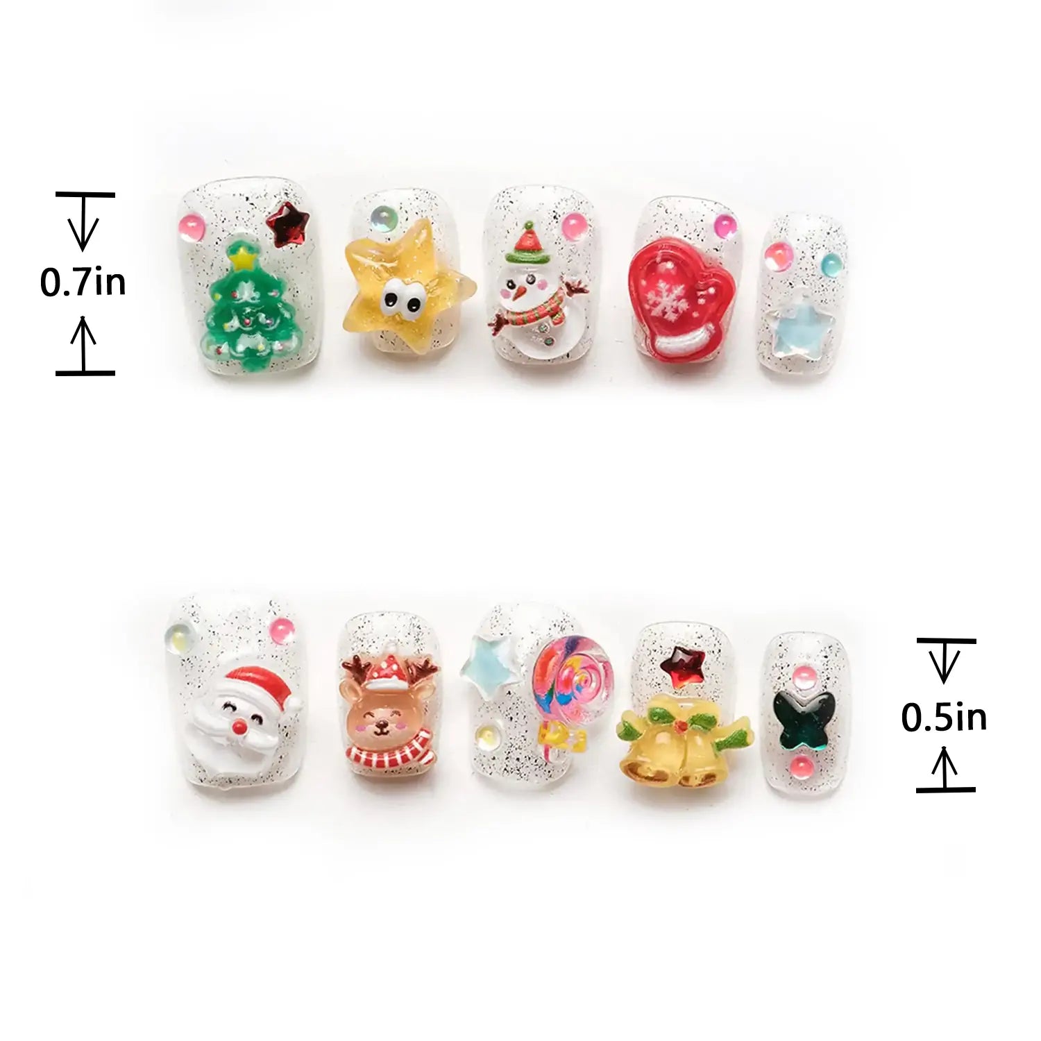 Length measurement chart of Christmas Short Squoval Press on Nails with Star and Snowman, showing length