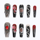 Long Coffin Press on Nails  Goth Nails Style with Red Spider