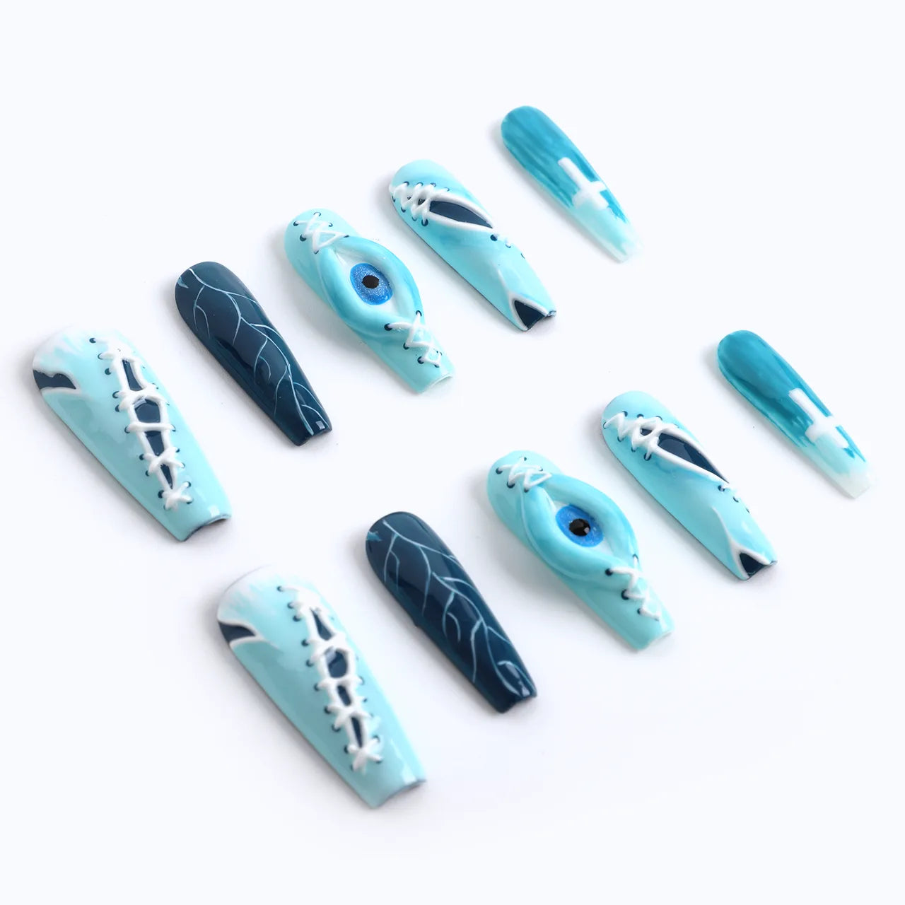 The unique light blue color, combined with devil's eye, bandage, and twig designs