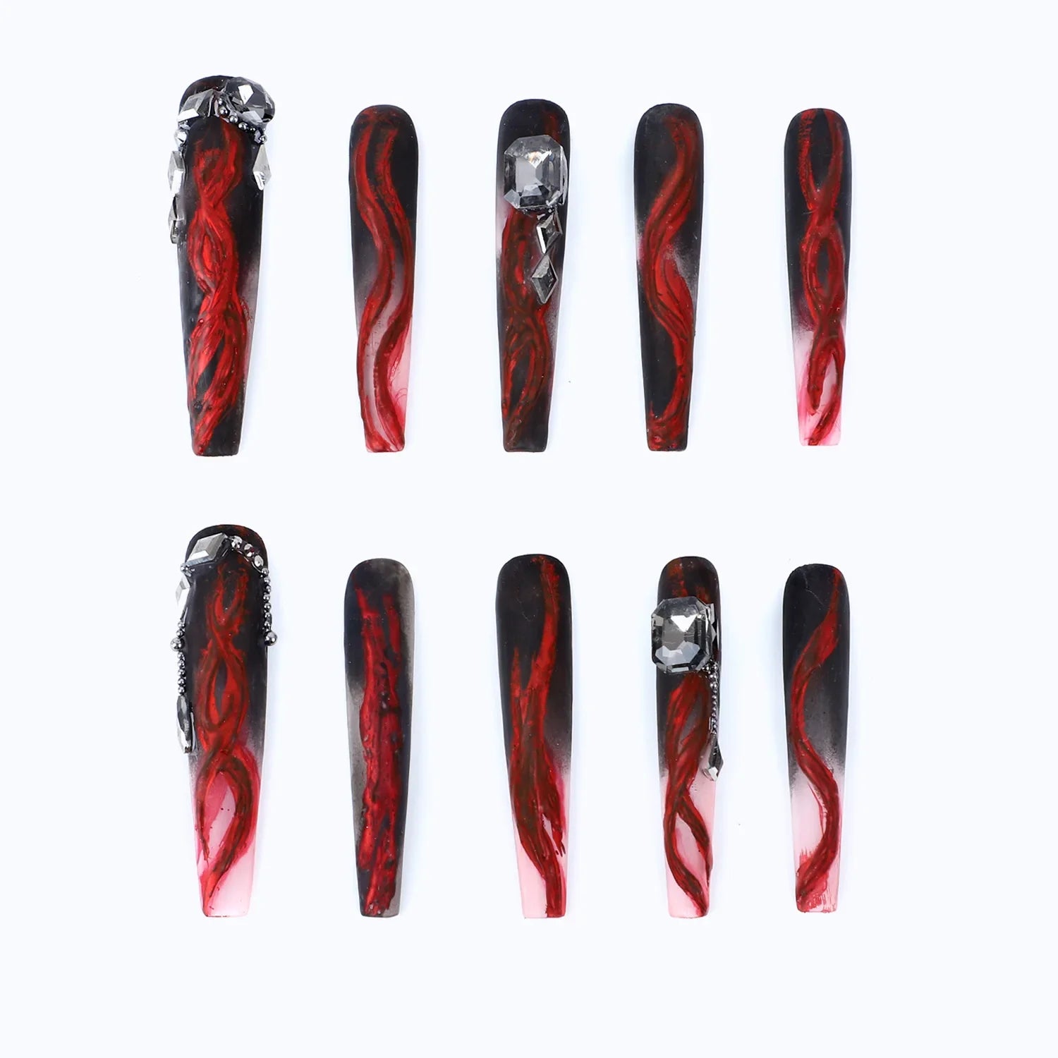 Press on Nails Long Coffin Nails Black Red Matte Nails with Rhinestone