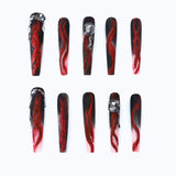 Press on Nails Long Coffin Nails Black Red Matte Nails with Rhinestone