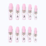 Long Square Fake Nails French Tips with Design Bow Flower Rhinestone