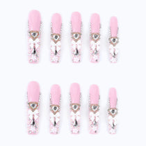 Long Square Fake Nails French Tips with Design Bow Flower Rhinestone