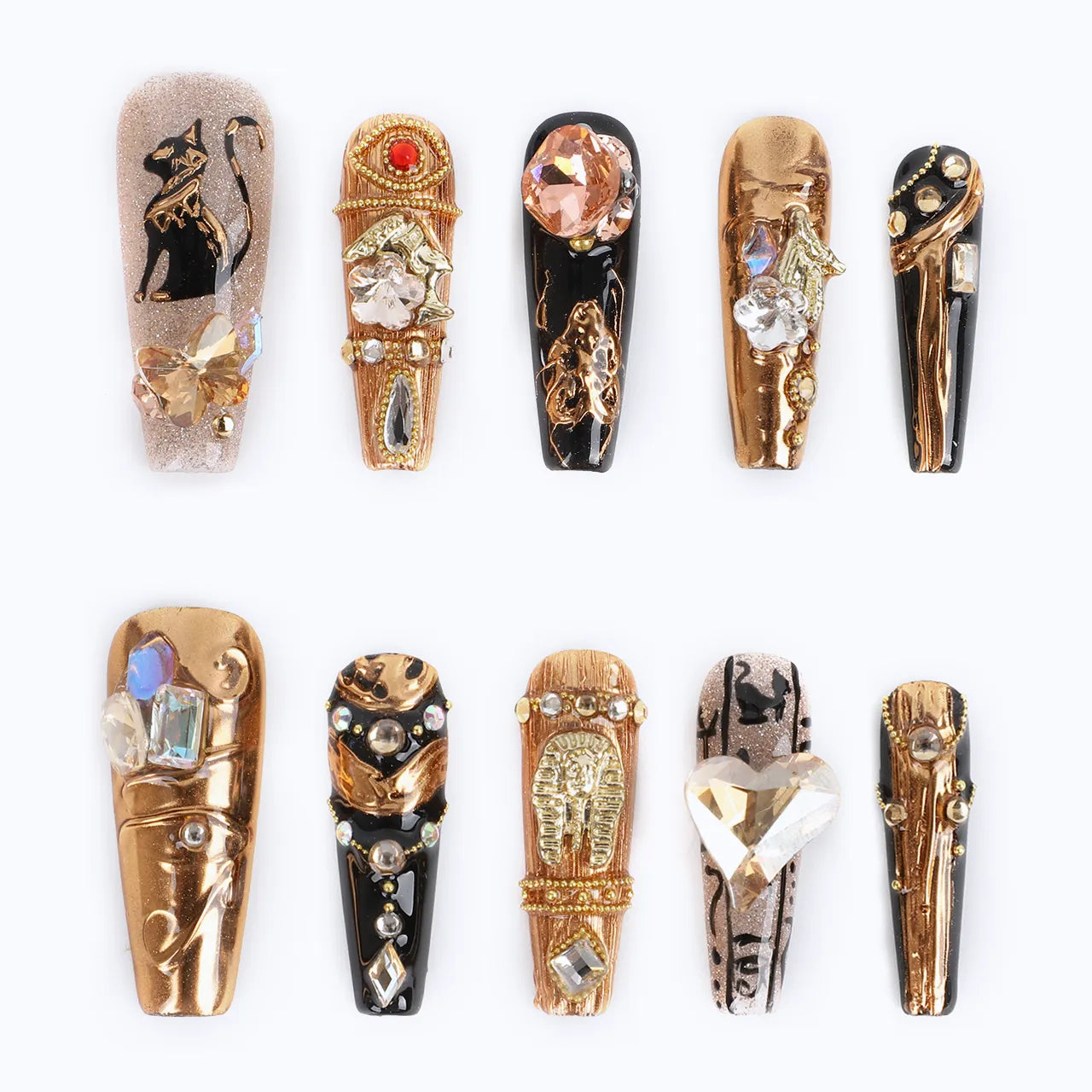 Luxury Coffin 3D Nails Egypt Baroque Gold Glossy Rhinestones