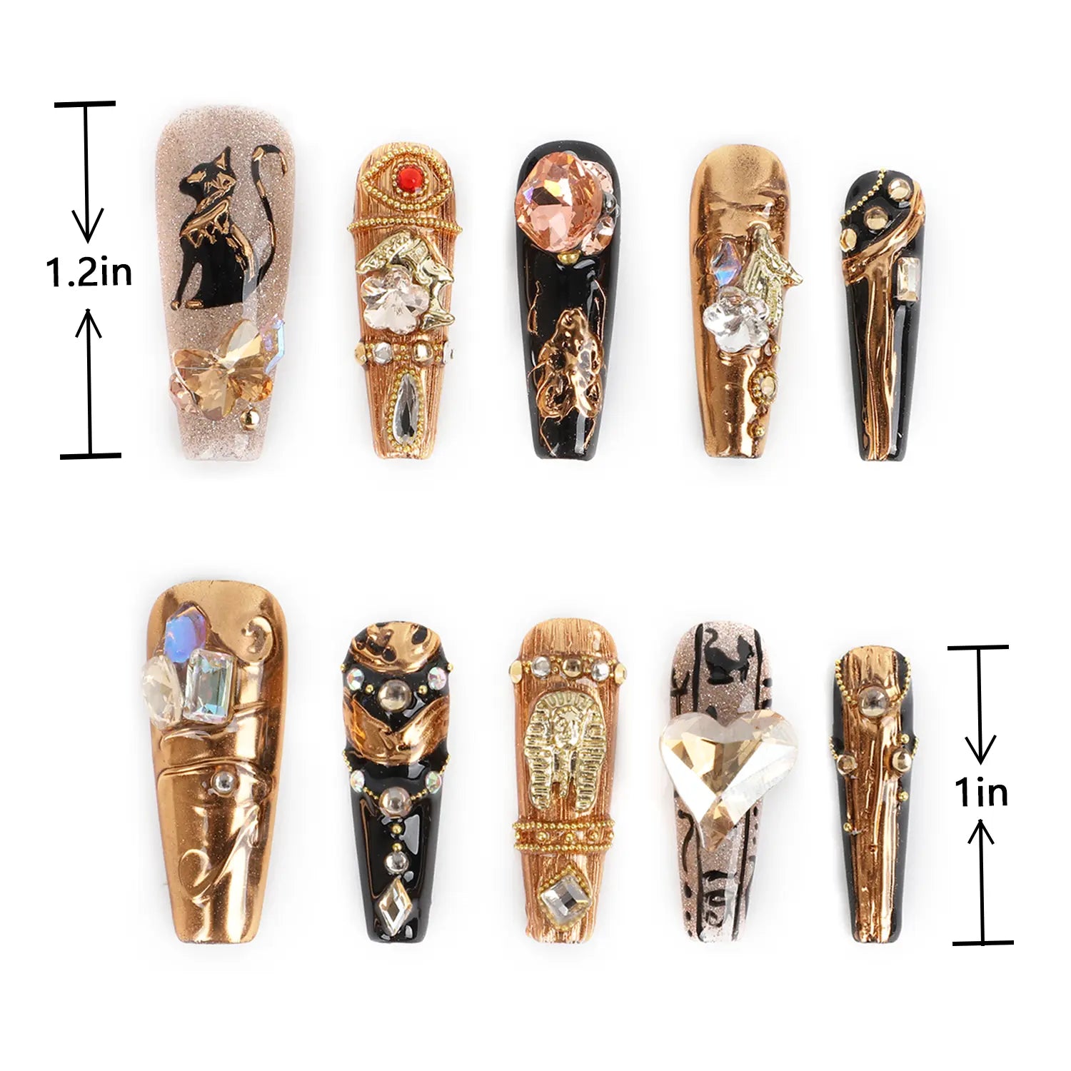 Luxury Coffin 3D Nails Egypt Baroque Gold Glossy Rhinestones length measurement chart showing length
