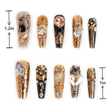 Luxury Coffin 3D Nails Egypt Baroque Gold Glossy Rhinestones length measurement chart showing length