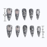 Length measurement of Gothic Chrome Stiletto 3D Cross and Floral Design Handmade Luxury Nail