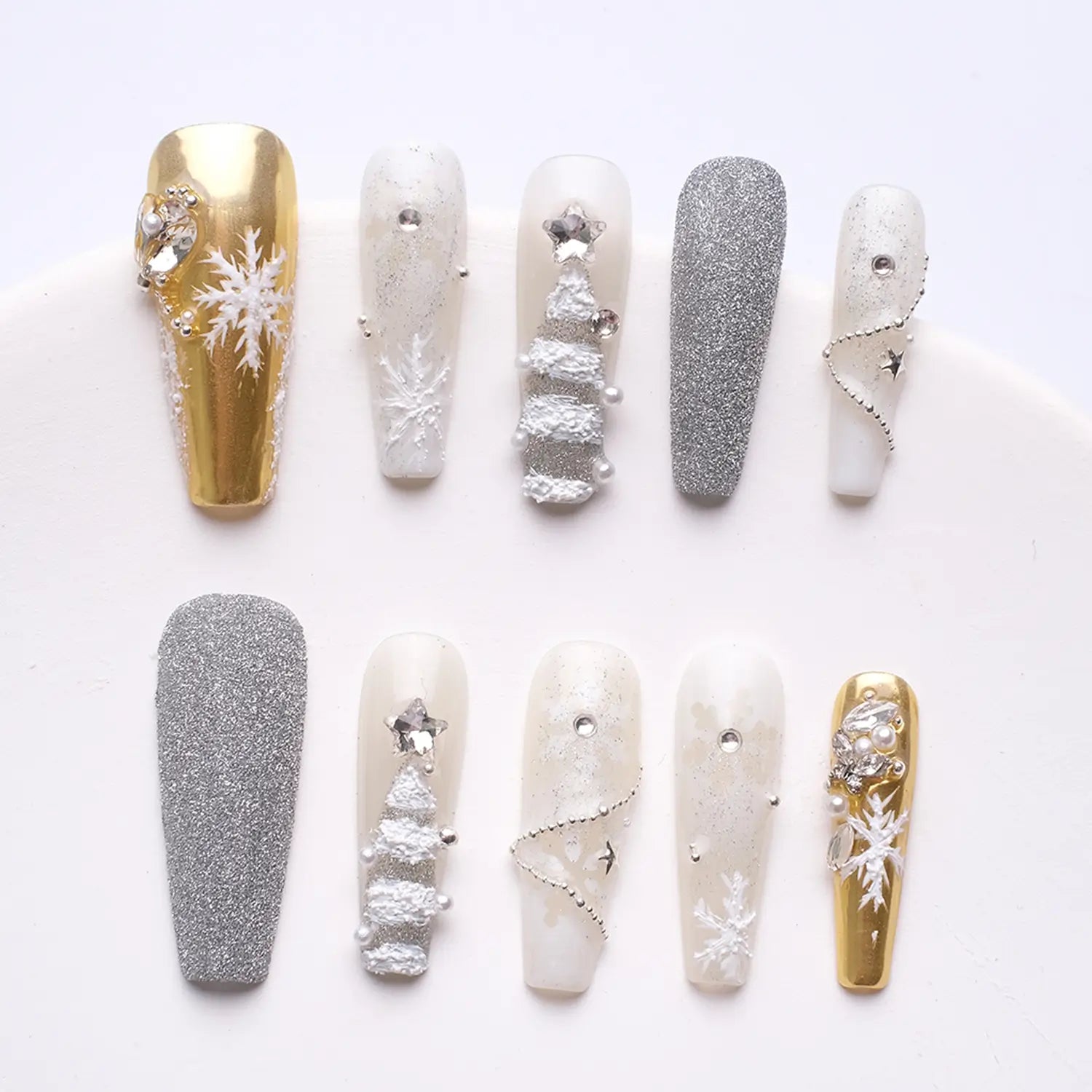 10 close-ups of nails with handmade 3D Christmas tree, stars and diamond decorations