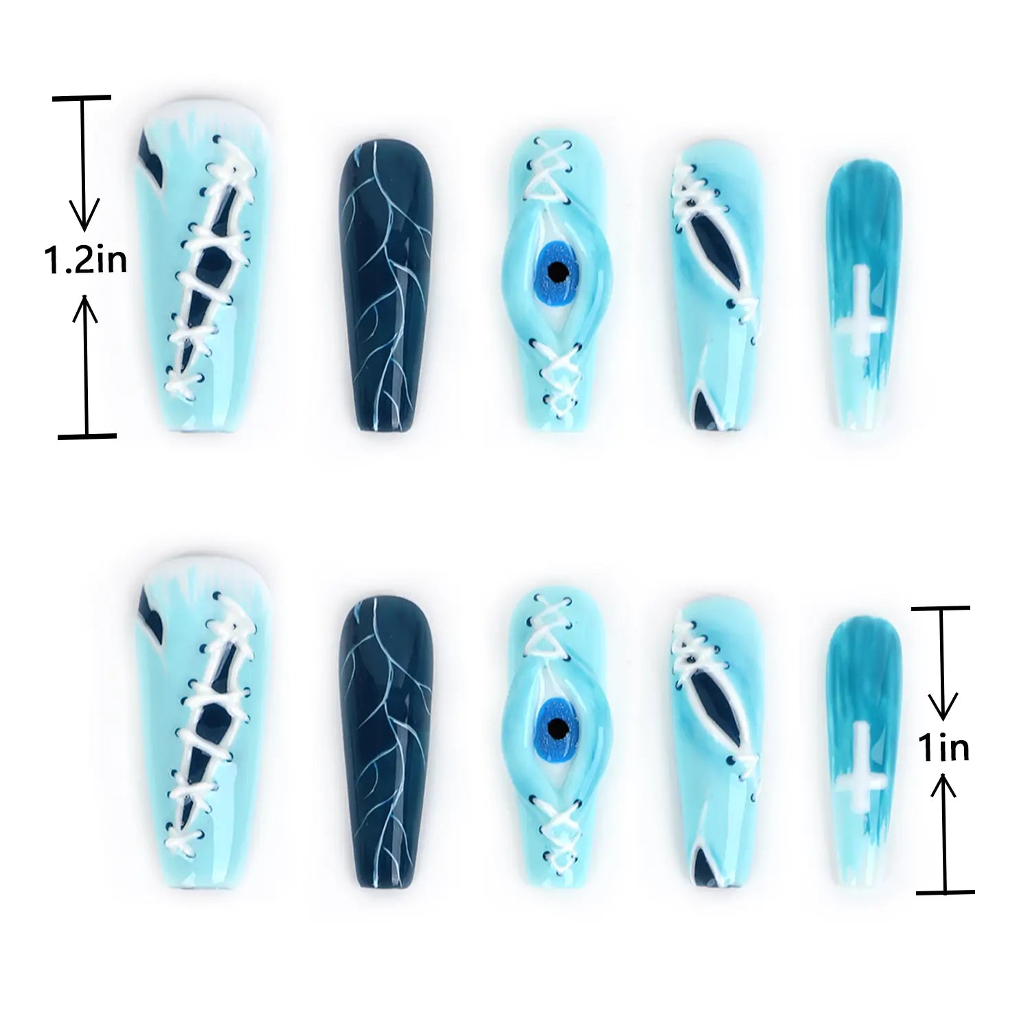 Length measurement of Press on Nails Light Blue Medium Coffin Nails with Devil Eyes