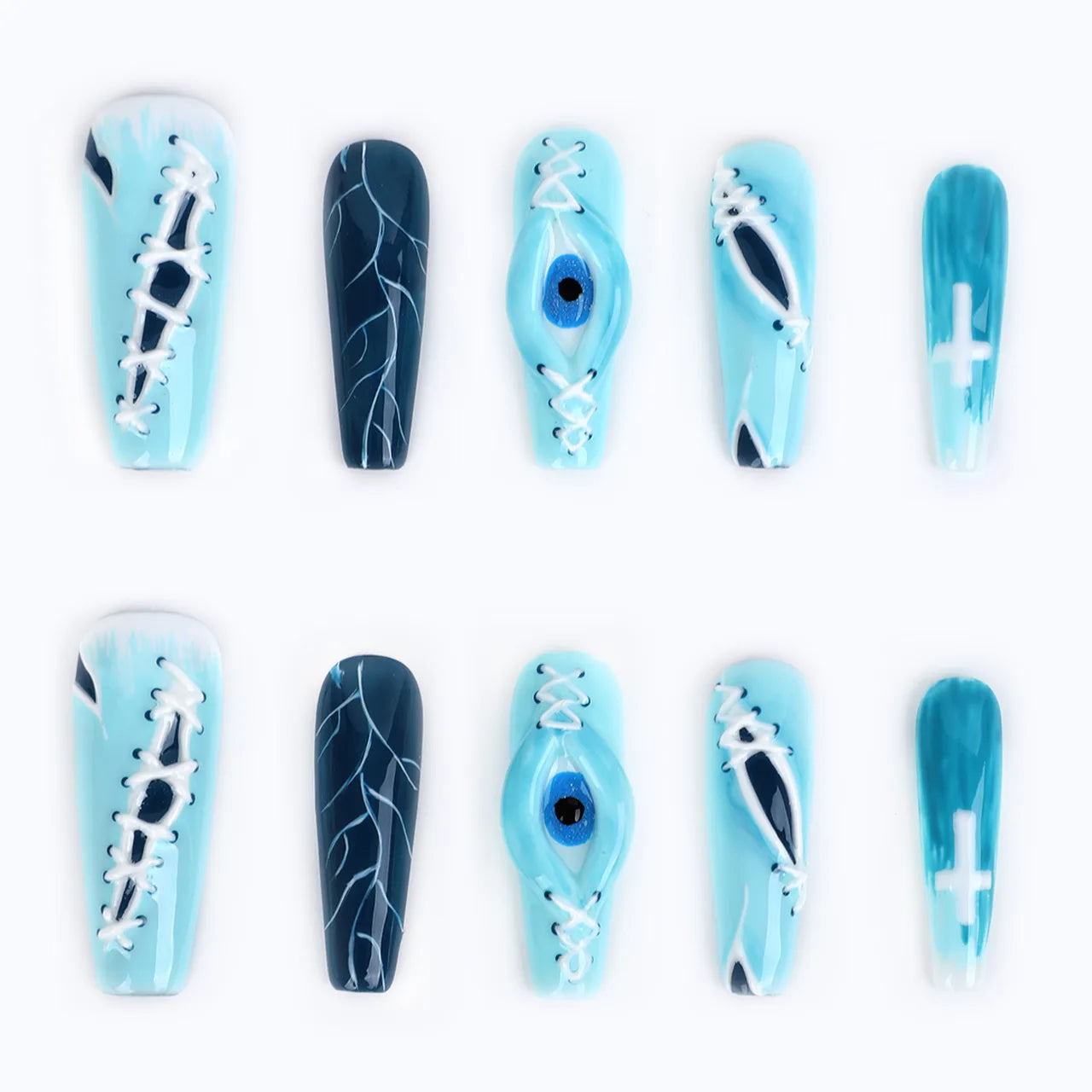 Press on Nails Light Blue Medium Coffin Nails with Devil Eyes